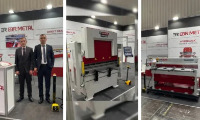 BR METAL booth at EuroBLECH 2022 with hydraulic press brake and guillotine shear