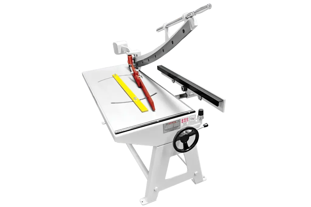 KMH manual guillotine shear back gauge and sheet clamping detail