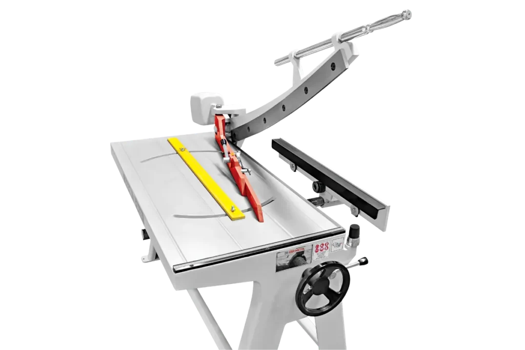 KMP manual guillotine shear back gauge and sheet clamping detail