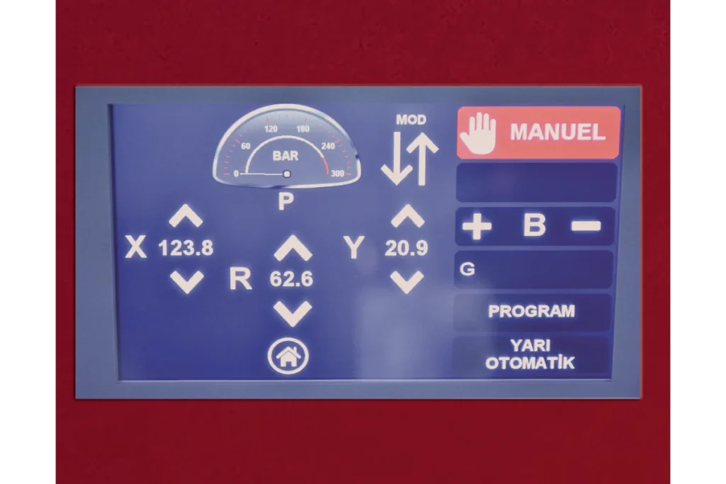 NC control display for EDBM X-axis backgauge and Y-axis angle settings