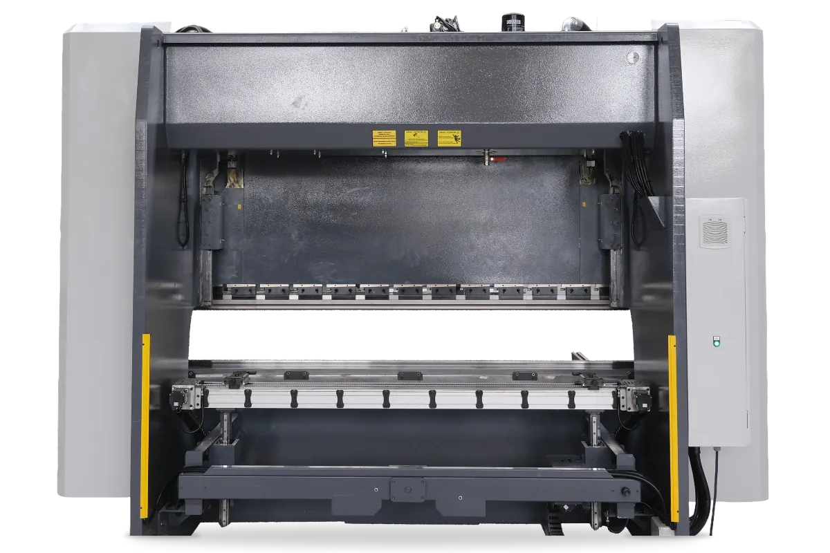 Rear view of an EPBM-LUX CNC press brake showing the backgauge area