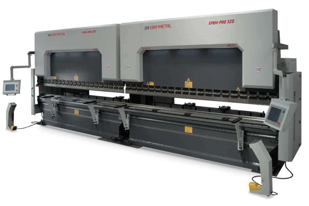 Wide view of two EPBM-PRO 320-4100 press brakes in a tandem arrangement