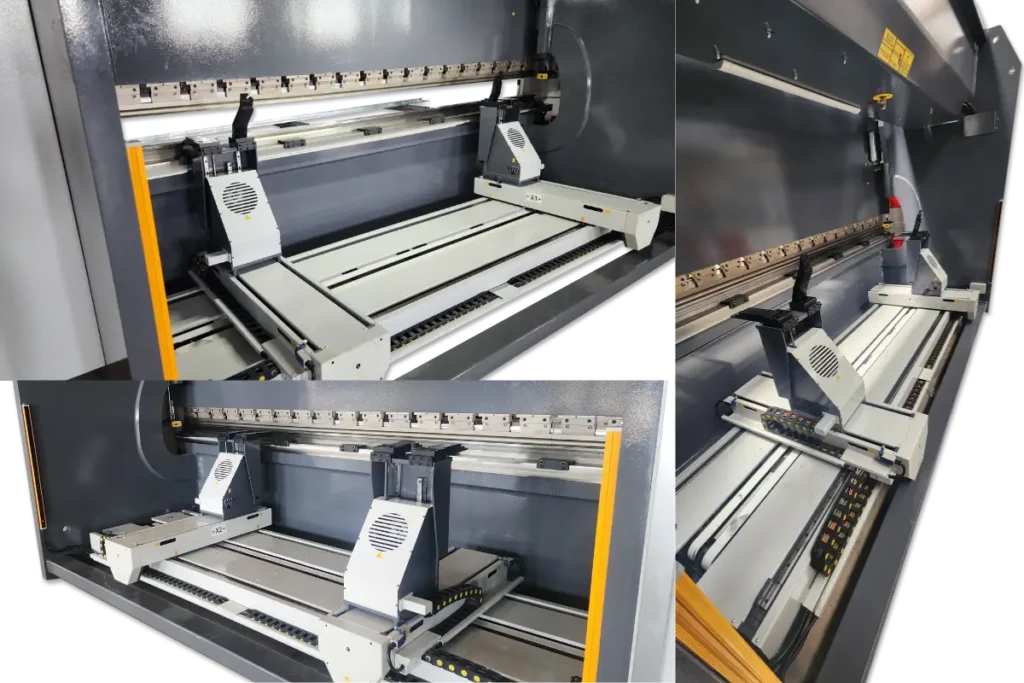 Multiple views of the ATF backgauge and positioning fingers on an EPBM-PRO press brake