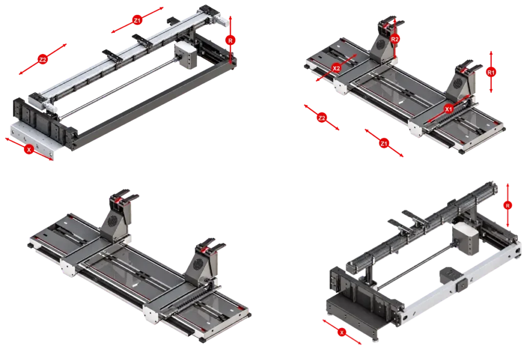 EPBM-PRO backgauge configurations illustrated with arrows showing axis movements