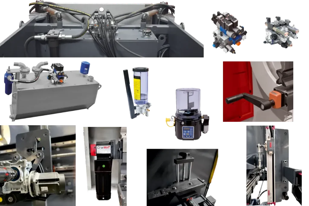 Collage of hydraulic system and crowning components for the EPBM-PRO press brake series