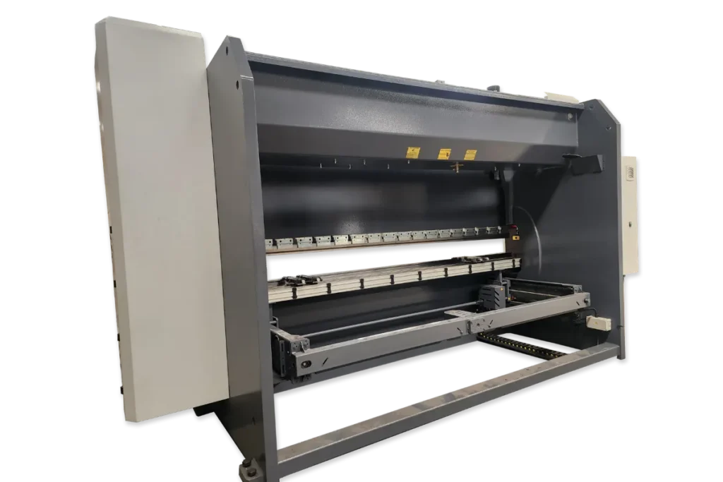 Angled rear view of an EPBM-PRO press brake showing the backgauge and rear working area