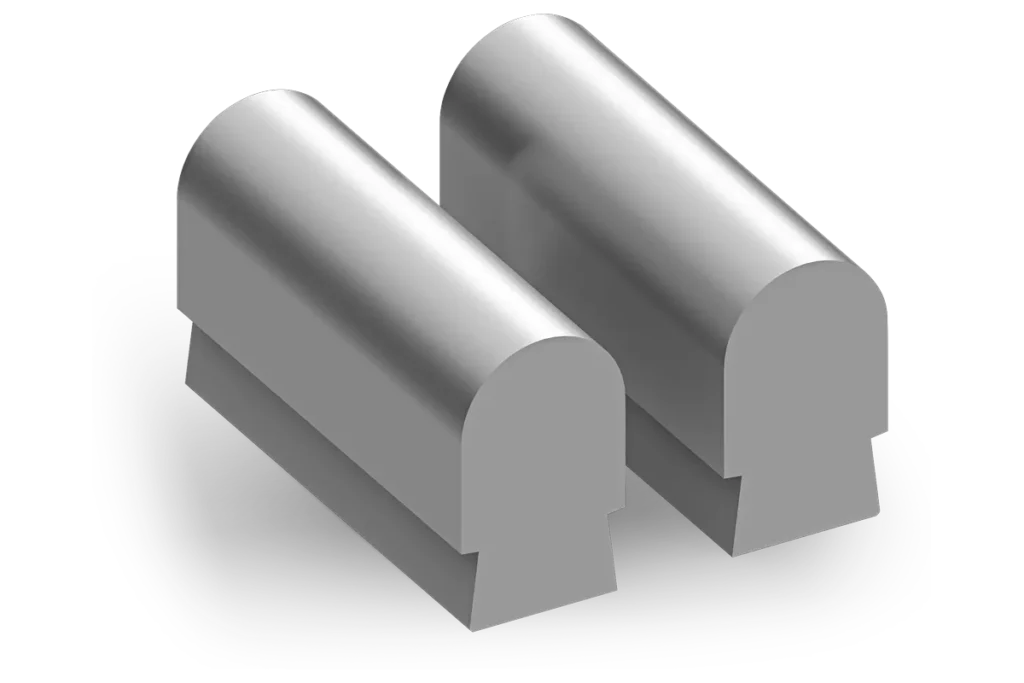 Upper and lower FHM forging dies with rounded faces.