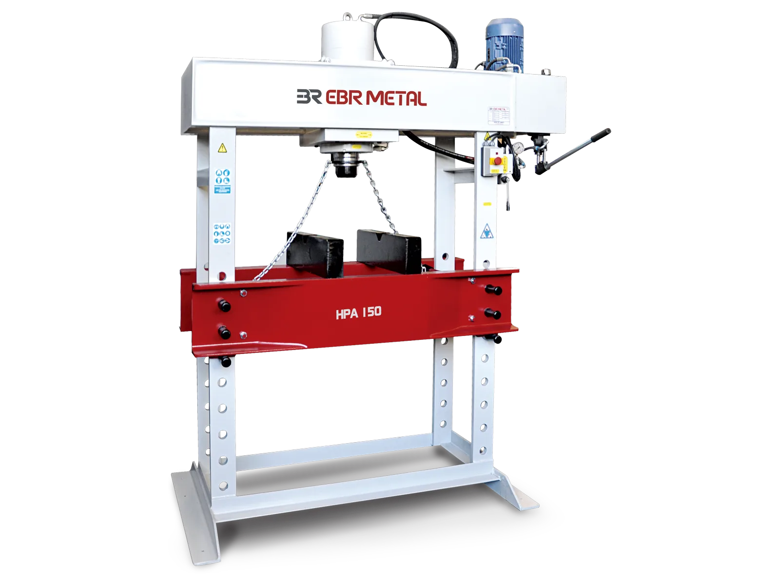HPA hydraulic workshop press, model HPA 150, with hand pump and V-blocks on the work bed.