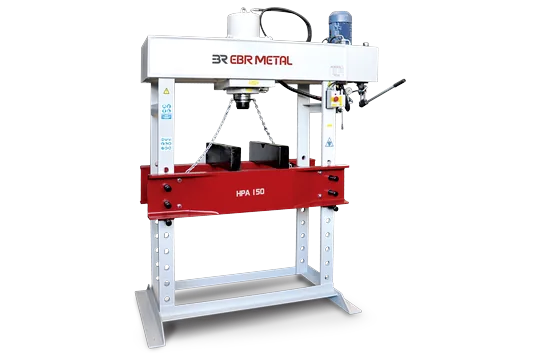 HPA hydraulic workshop press, model HPA 150, with hand pump and V-blocks on the work bed.