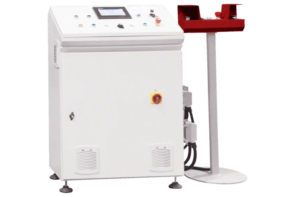 Control cabinet with PLC touchscreen and two-hand control stand of an HPC press.