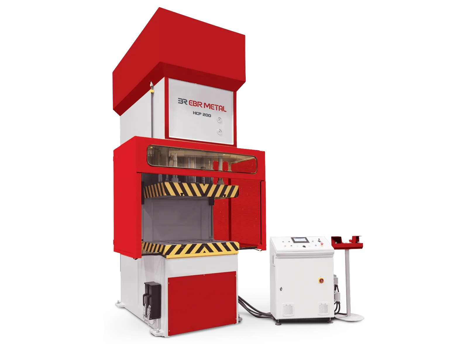 HPC C-frame hydraulic press with open front, separate control cabinet and two-hand control stand.