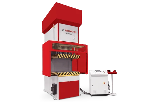 HPC C-frame hydraulic press with open front, separate control cabinet and two-hand control stand.