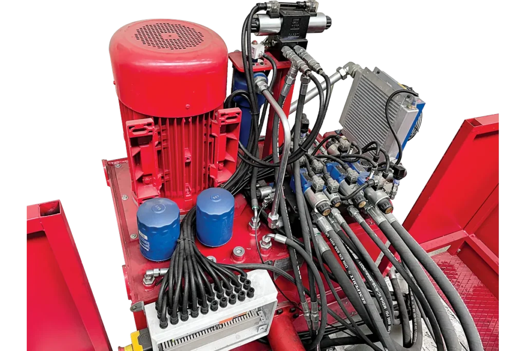 Hydraulic unit and valve block of an HPHS deep drawing press.