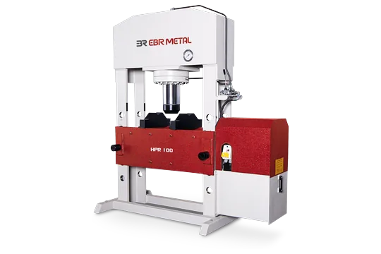 HPR hydraulic straightening press with V-blocks and joystick control.