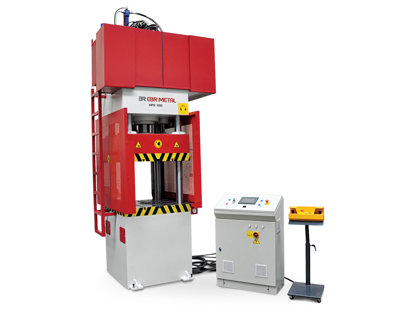 HPS deep drawing hydraulic press, 100-tonne 4-column model with control cabinet and two-hand control stand.