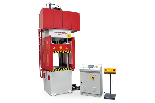 HPS deep drawing hydraulic press, 100-tonne 4-column model with control cabinet and two-hand control stand.