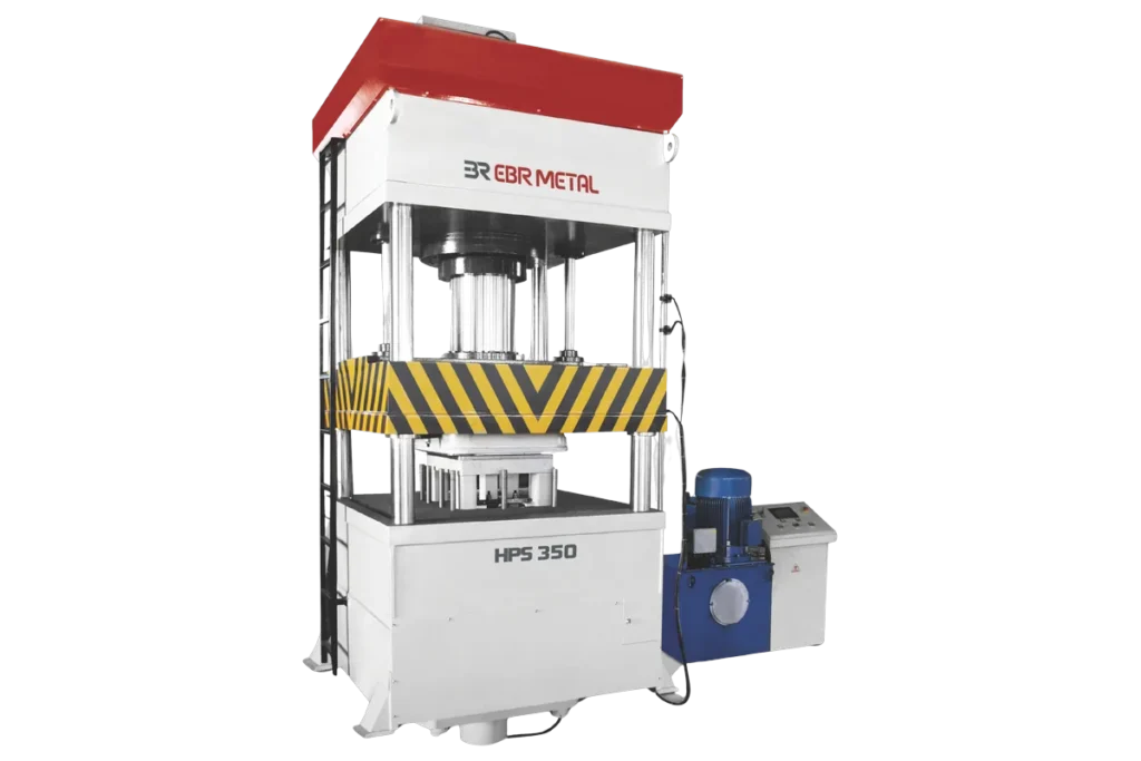 HPS 350 4-column deep drawing hydraulic press with its hydraulic unit and control panel, by EBR METAL.