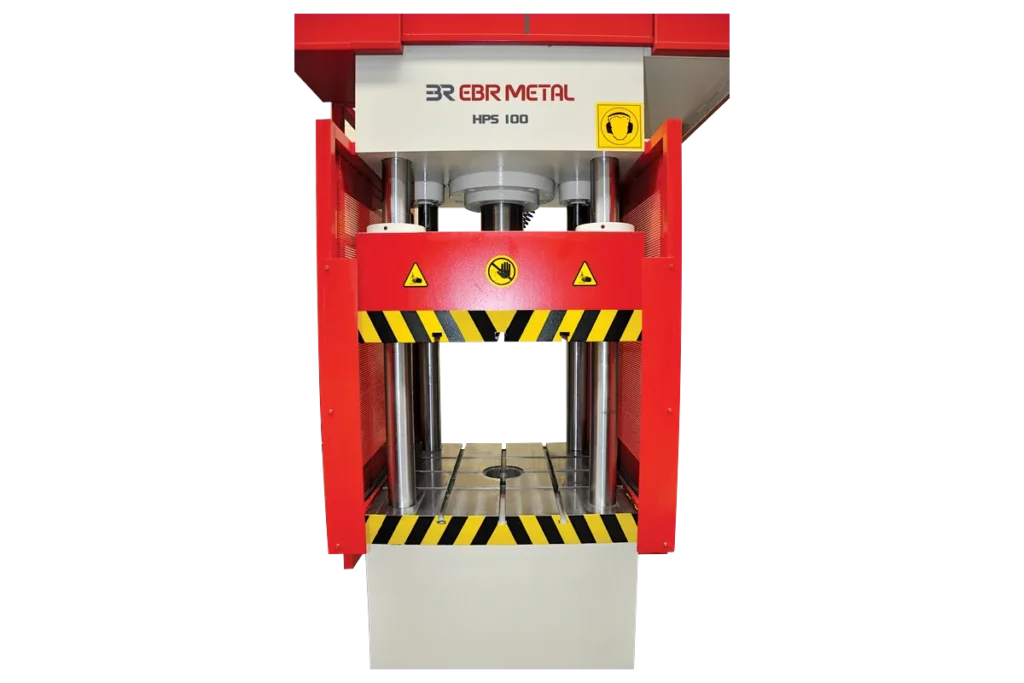 Front view of the HPS 100 with four guide columns and T-slot table.