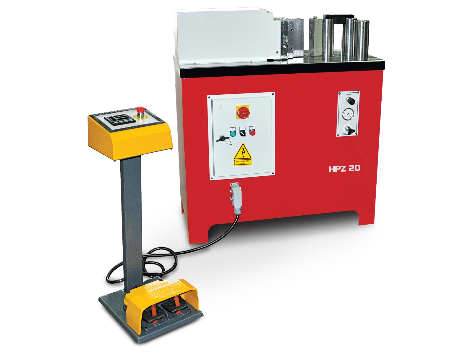 HPZ horizontal hydraulic press, model HPZ 20, with foot pedal and digital stroke readout.