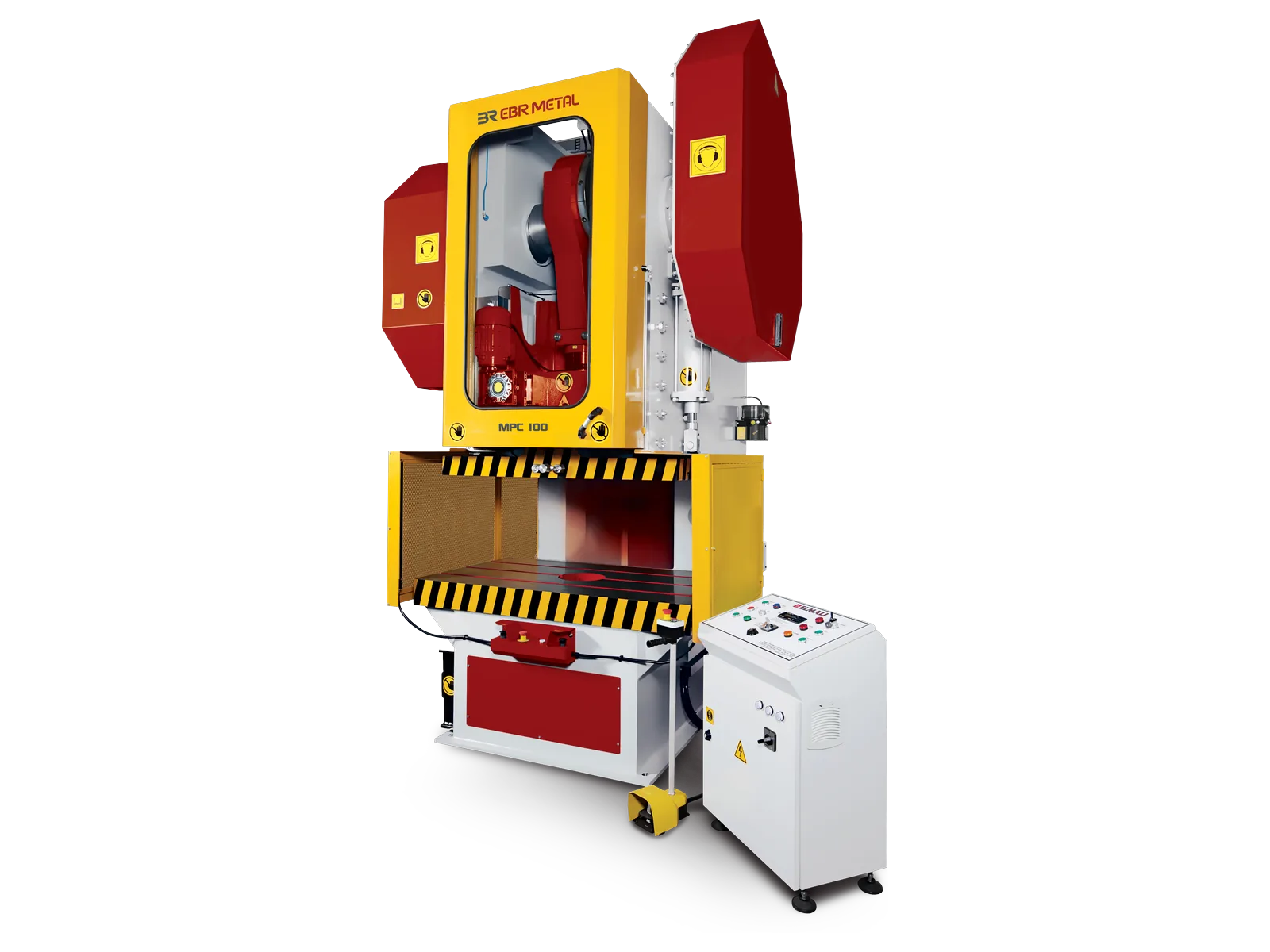 MPC C-frame mechanical press with open front, flywheel guard and separate control cabinet.