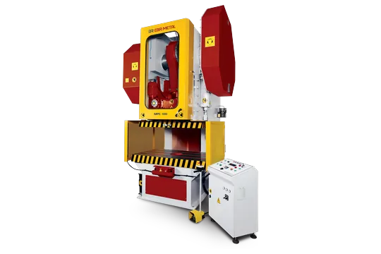 MPC C-frame mechanical press with open front, flywheel guard and separate control cabinet.