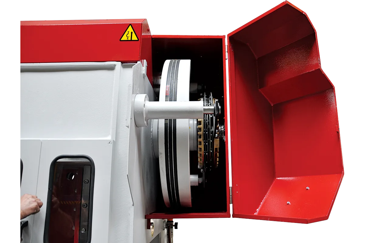 Clutch-brake unit behind the opened guard of an MPH press.