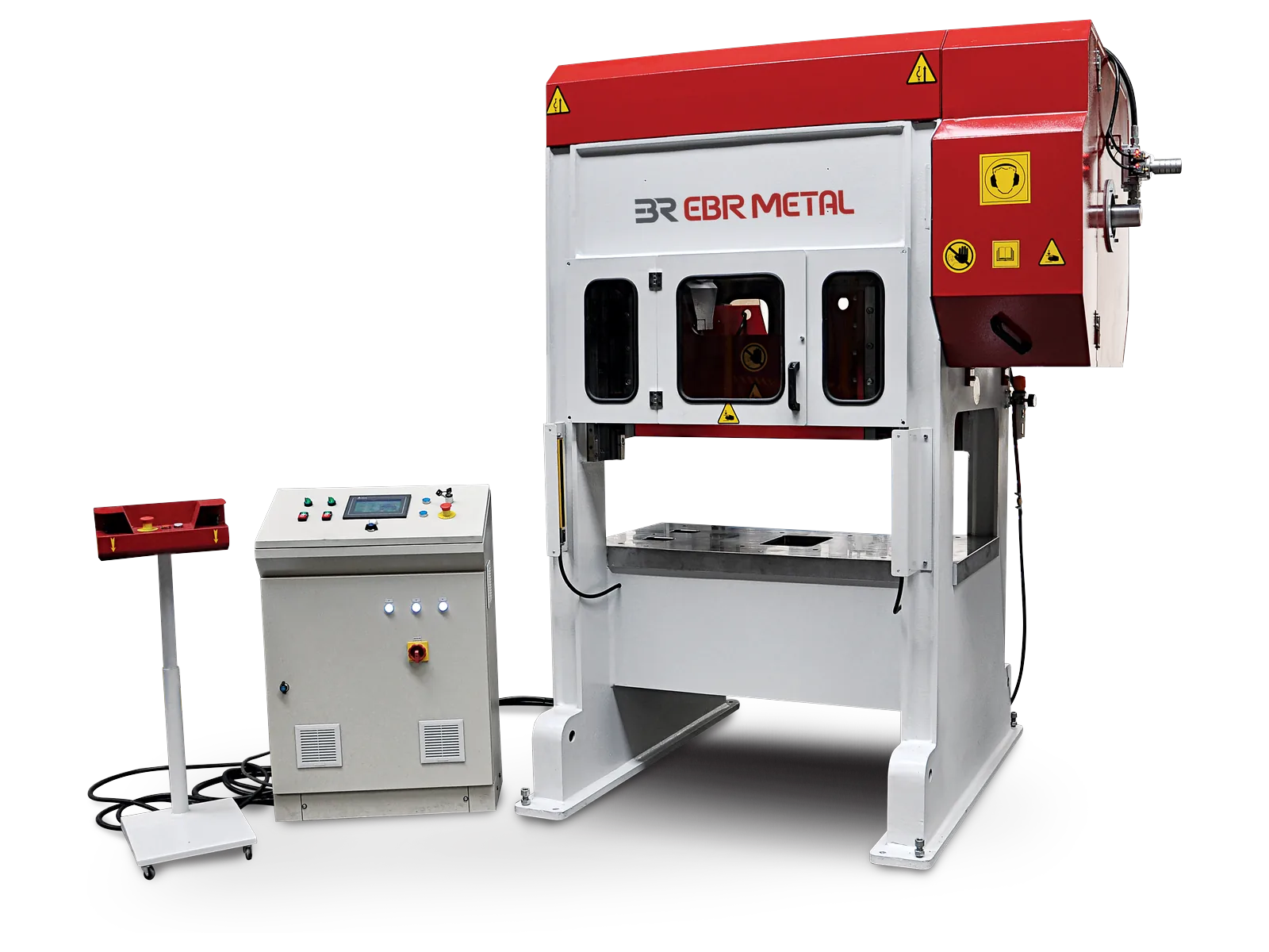 MPH H-frame mechanical press with control cabinet and two-hand control stand.