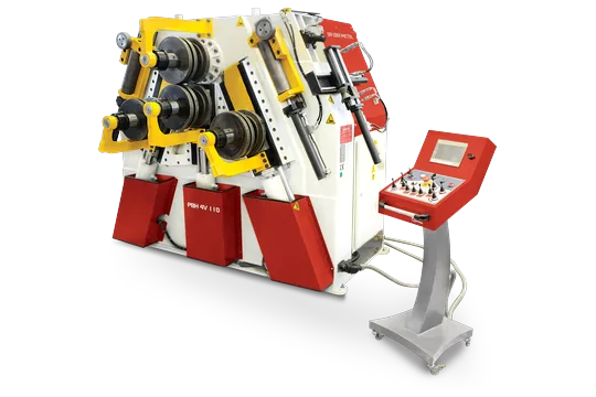 PBH 4V 110 four-roll profile bending machine with hydraulic side rolls and control console.