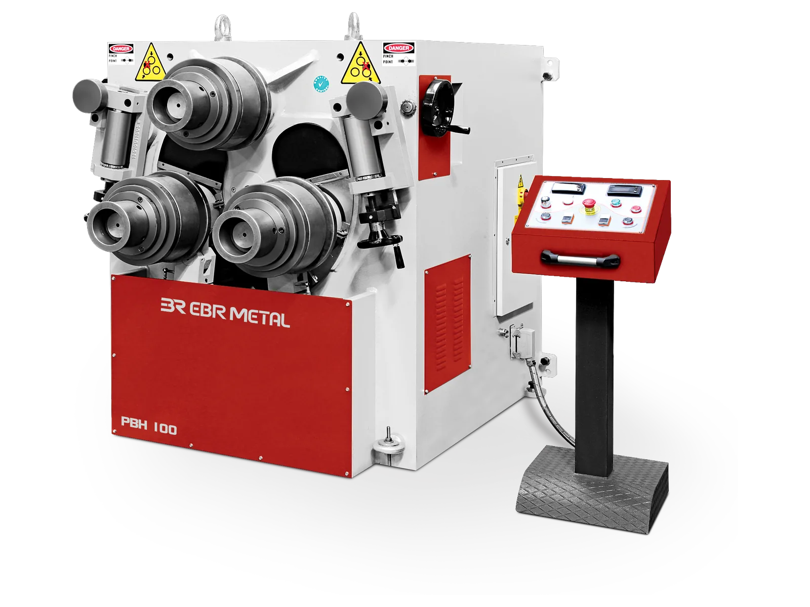 PBH 100 hydraulic angle roll machine with three driven rolls and mobile control panel.