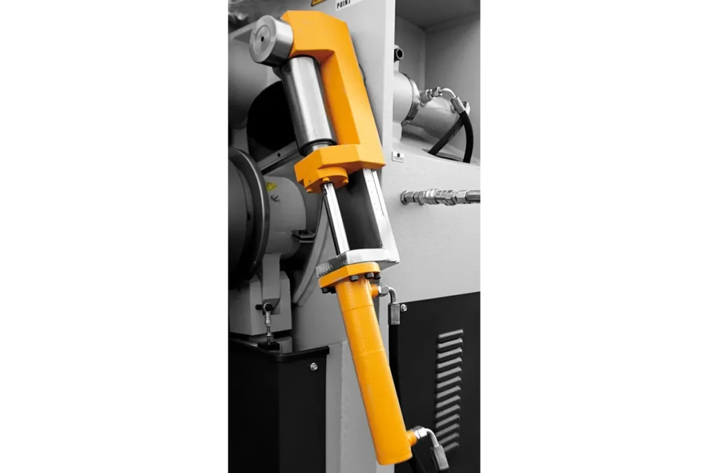 Hydraulic lateral guide roll on a PBH angle roll machine.