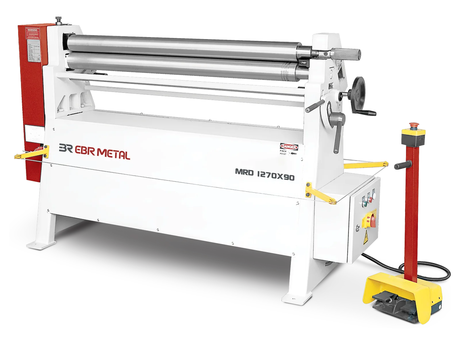 MRD / RD 3-roll plate bending machine: motorised MRD 1270 × 90 with its foot-pedal control panel.