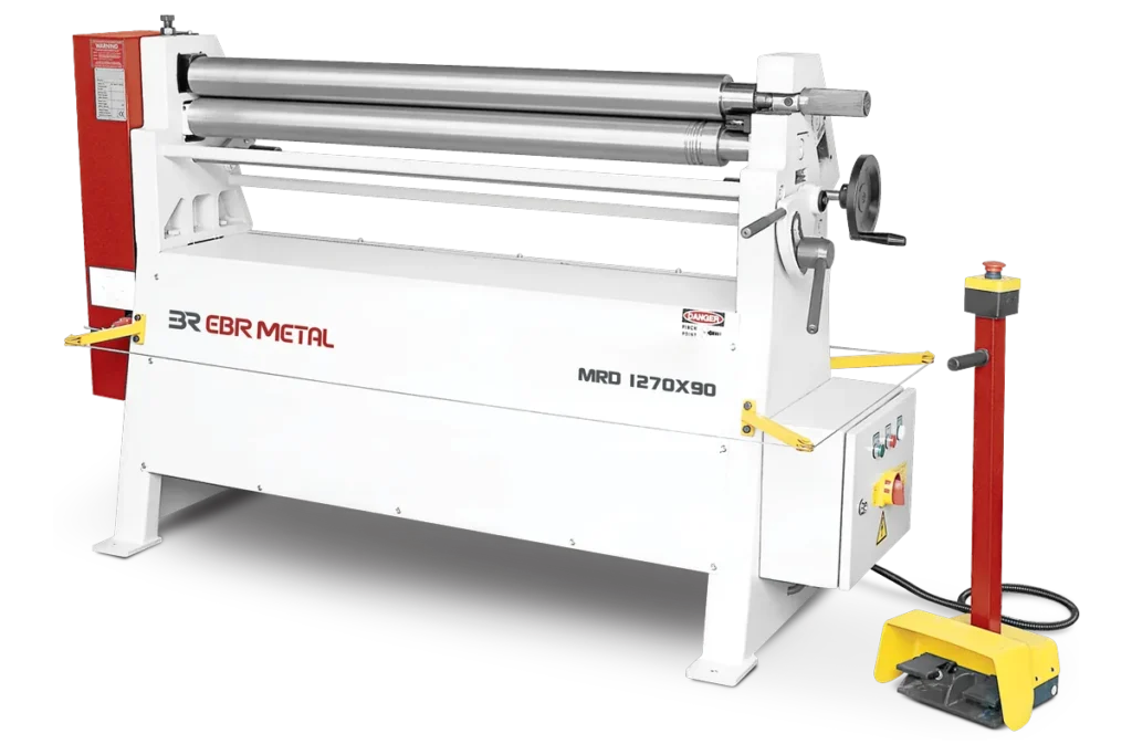 MRD 1270 × 90 motorised 3-roll plate bending machine with cast-iron frames.