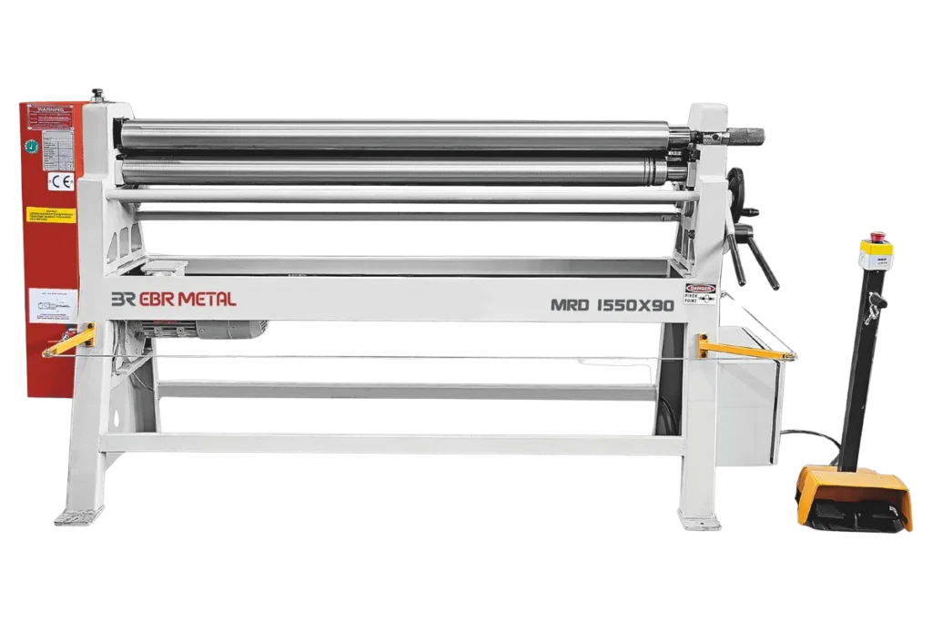 Front view of the MRD 1550 × 90 motorised 3-roll plate bending machine with its foot-pedal control.