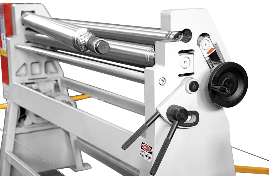Side frame, drop-end and roll adjustment of an MRD 3-roll plate bending machine.
