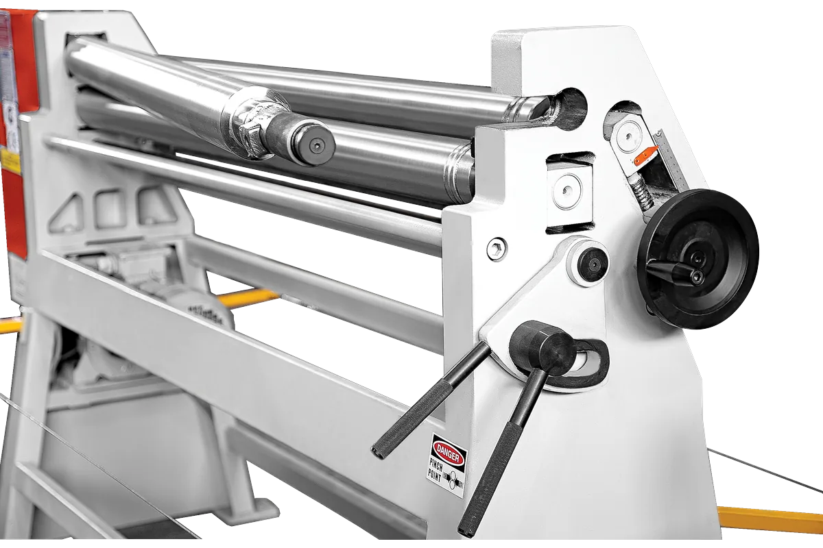 Side frame, drop-end and roll adjustment of an MRD 3-roll plate bending machine.