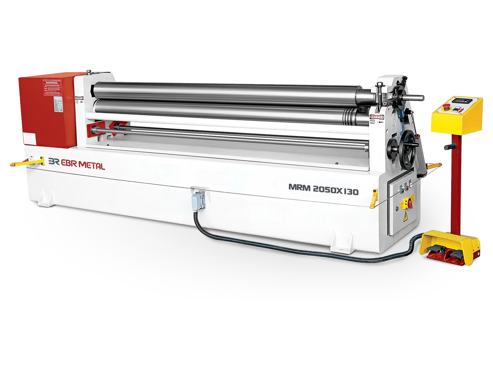 MRM asymmetrical 3-roll plate bending machine, model 2050 × 130, with its foot-pedal control panel.