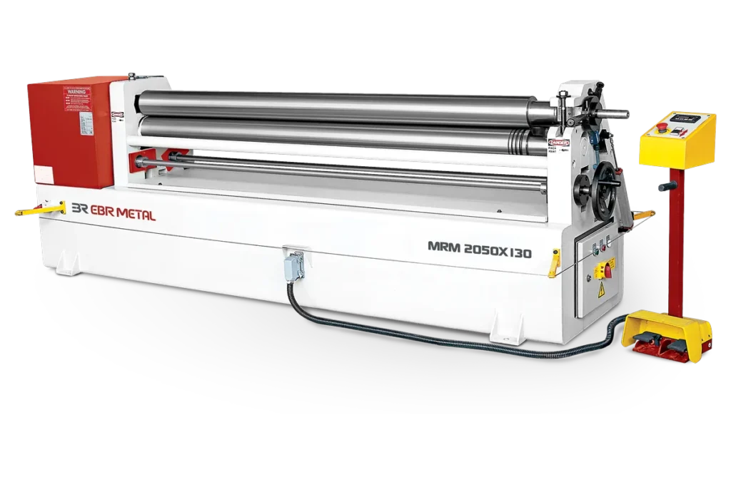 Front view of the MRM 2050 × 130 asymmetrical 3-roll plate bending machine and its mobile control panel.