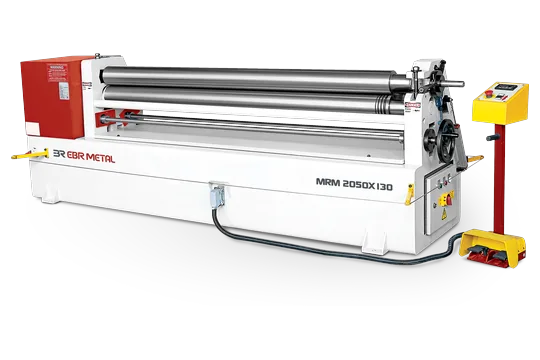 MRM asymmetrical 3-roll plate bending machine, model 2050 × 130, with its foot-pedal control panel.