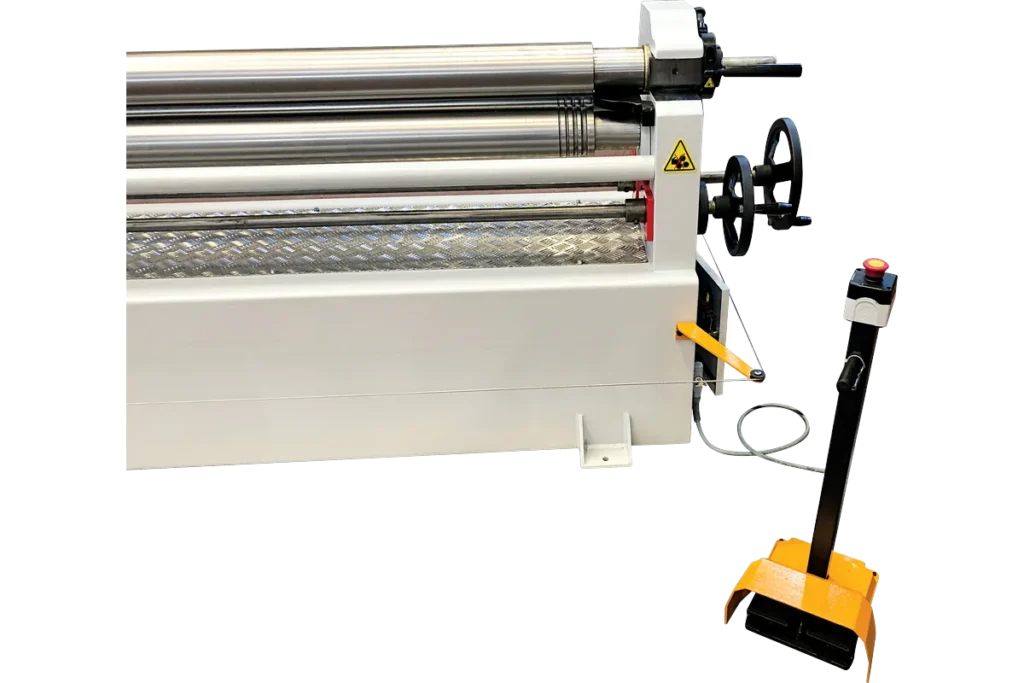 Rolls and roll adjustment handwheel on an MRM 3-roll plate bending machine.
