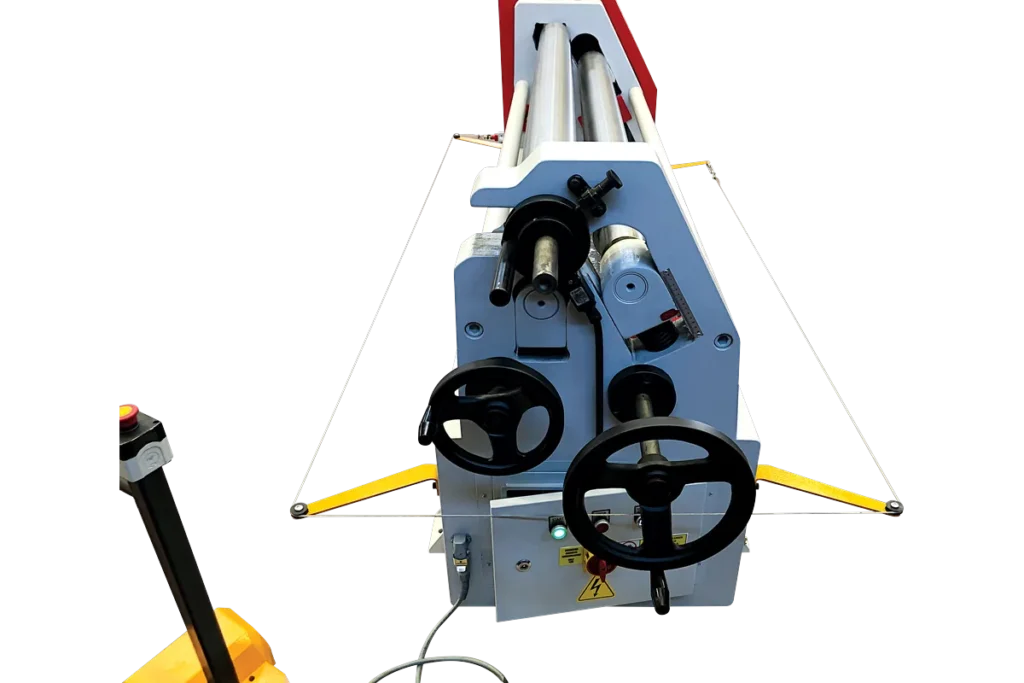 End frame of an MRM plate bending machine with its roll adjustment handwheels.
