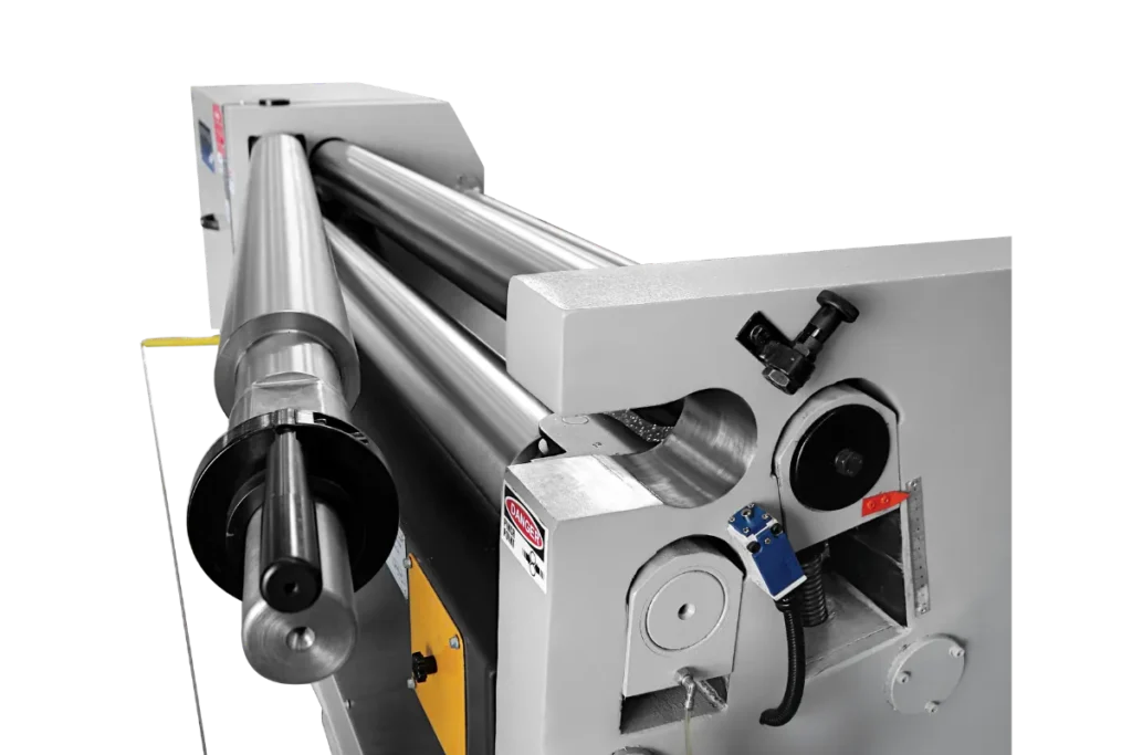 Close-up of the manually operated drop-end on an MRMS plate bending machine.