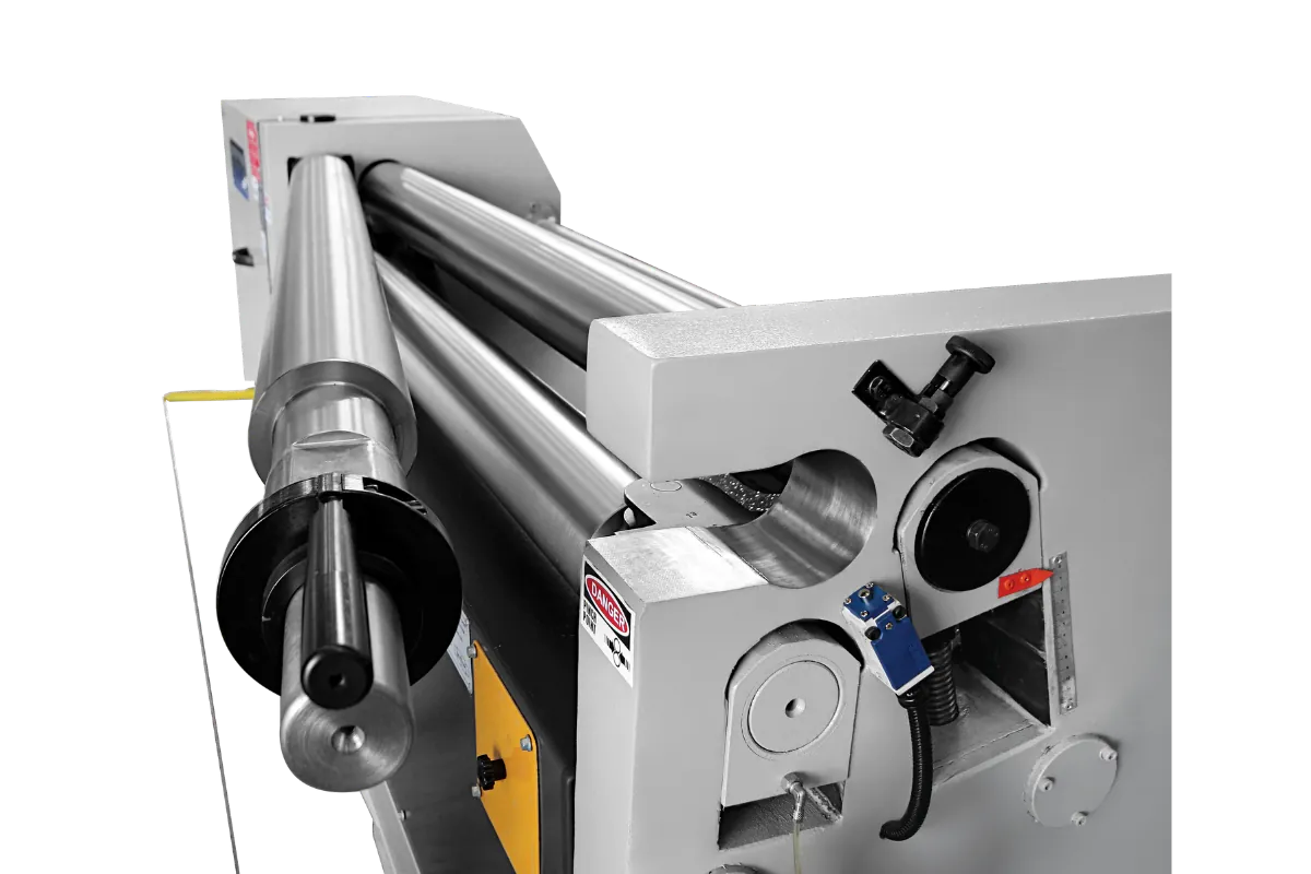 Close-up of the manually operated drop-end on an MRMS plate bending machine.