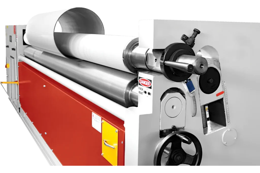 Close-up of the plastic-coated roll option on an MRMS plate bending machine.