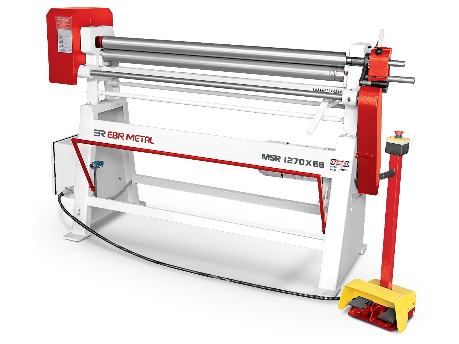 MSR / SR 3-roll plate bending machine: motorised MSR 1270 × 68 with its foot-pedal control panel.
