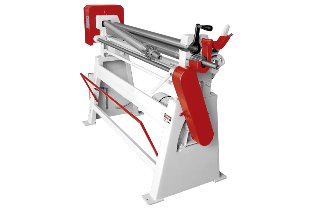 Opened drop-end of an MSR 3-roll plate bending machine.