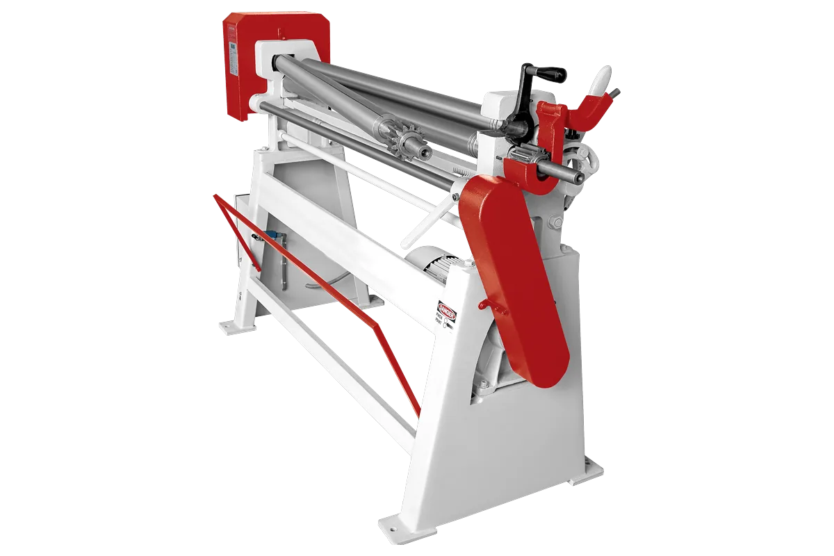 Opened drop-end of an MSR 3-roll plate bending machine.
