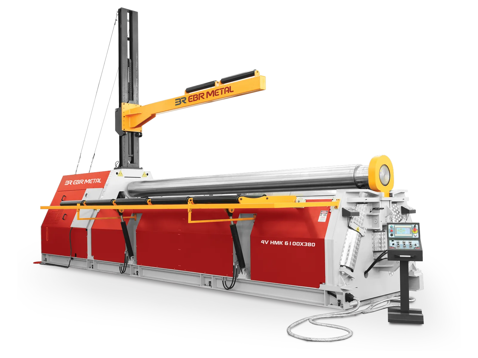 4V HMK hydraulic 4-roll plate bending machine, model 6100 × 380, with side support arm.