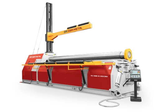 4V HMK hydraulic 4-roll plate bending machine, model 6100 × 380, with side support arm.