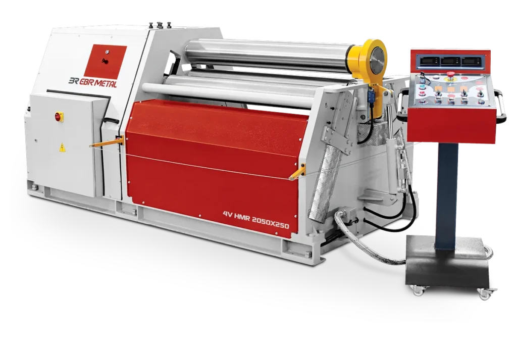 4V HMR 2050 × 250 hydraulic 4-roll plate bending machine with its control panel.
