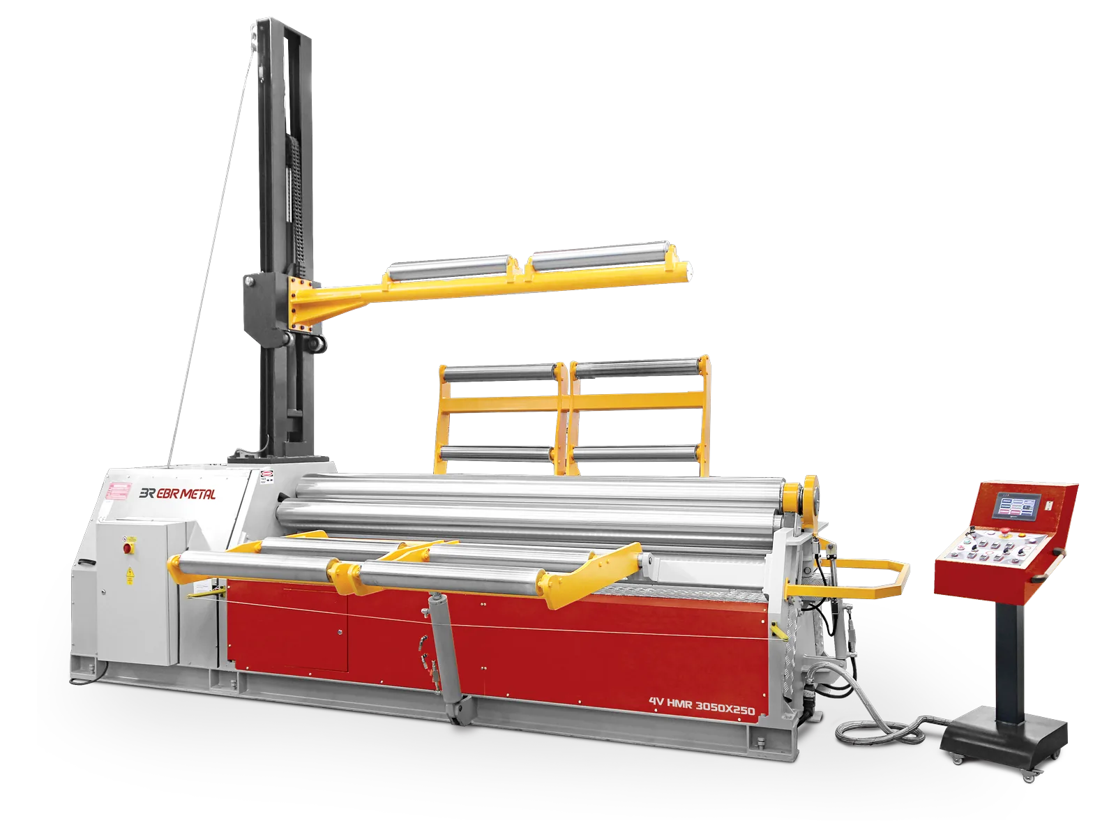 4V HMR hydraulic 4-roll plate bending machine, model 3050 × 250, with side support and control panel.